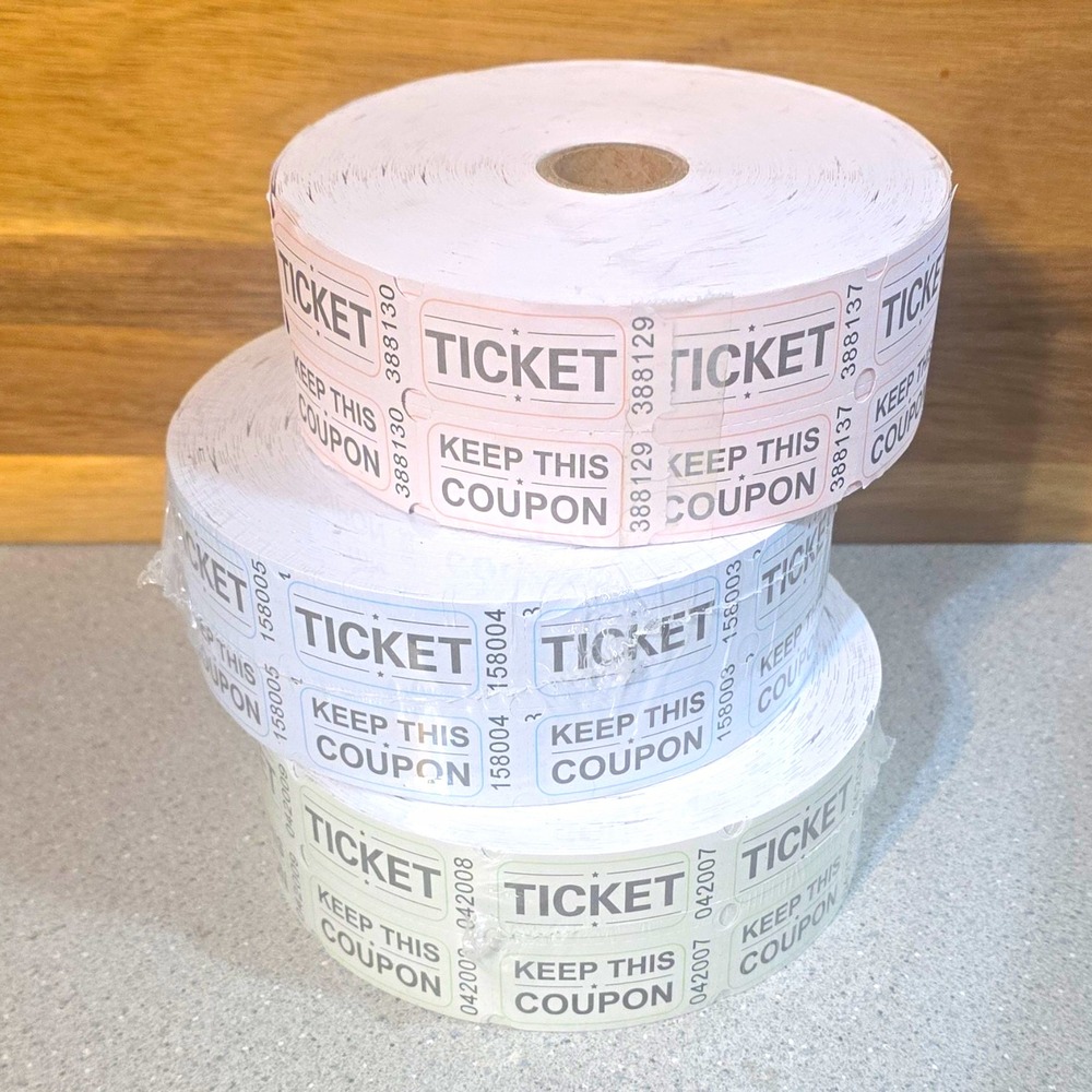 Raffle Ticket Rolls (3 Rolls) Pink Blue Green 2000 Double Tickets Per Roll 50/50
